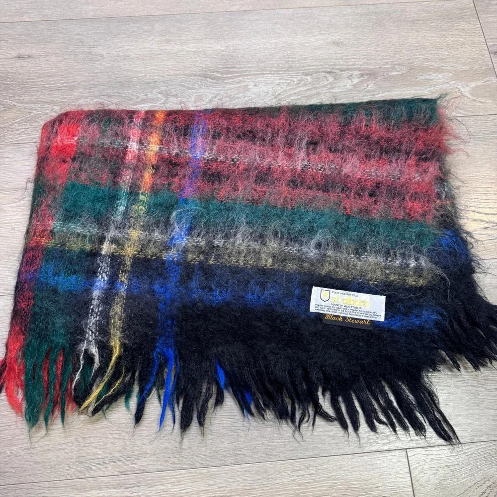 St. Albans Black Stewart Mohair Throw Blanket Plaid Fringed Made in Australia
